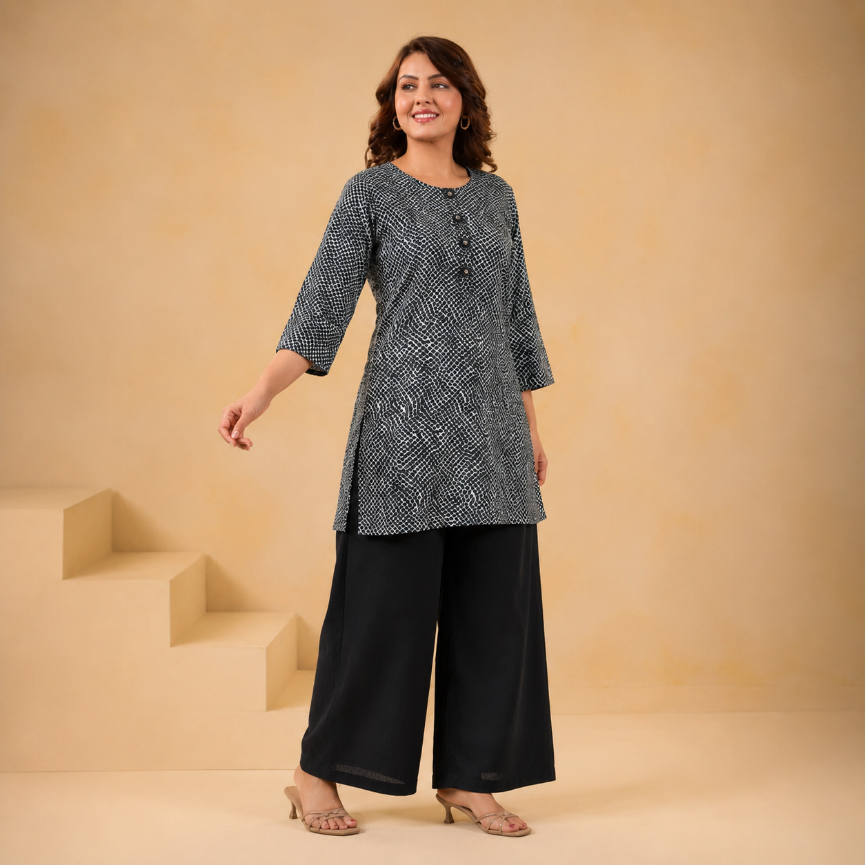 Women's Black and White Printed Tunic Top